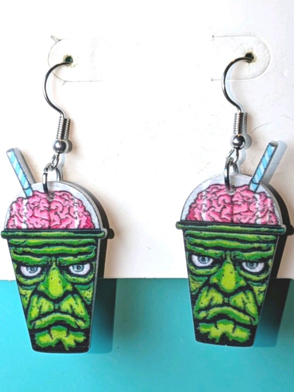Hand Crafted Green & Pink Brain Cup Earrings